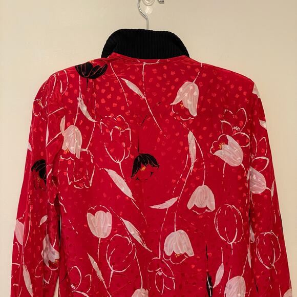 Vintage M long sleeve button up blouse tulip floral polka dot AOP red white - Picture 7 of 8